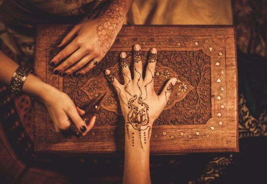 Drawing process of henna menhdi ornament on woman's hand
