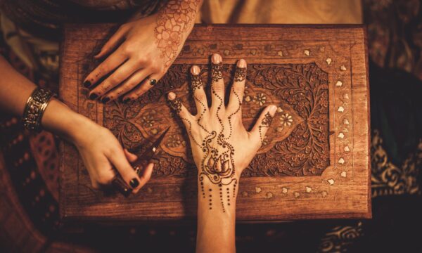 Drawing process of henna menhdi ornament on woman's hand